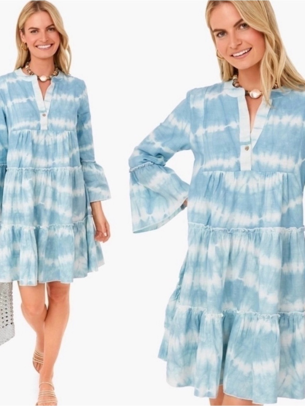 Faherty Blue & White Tie-Dye Tiered Mini Dress